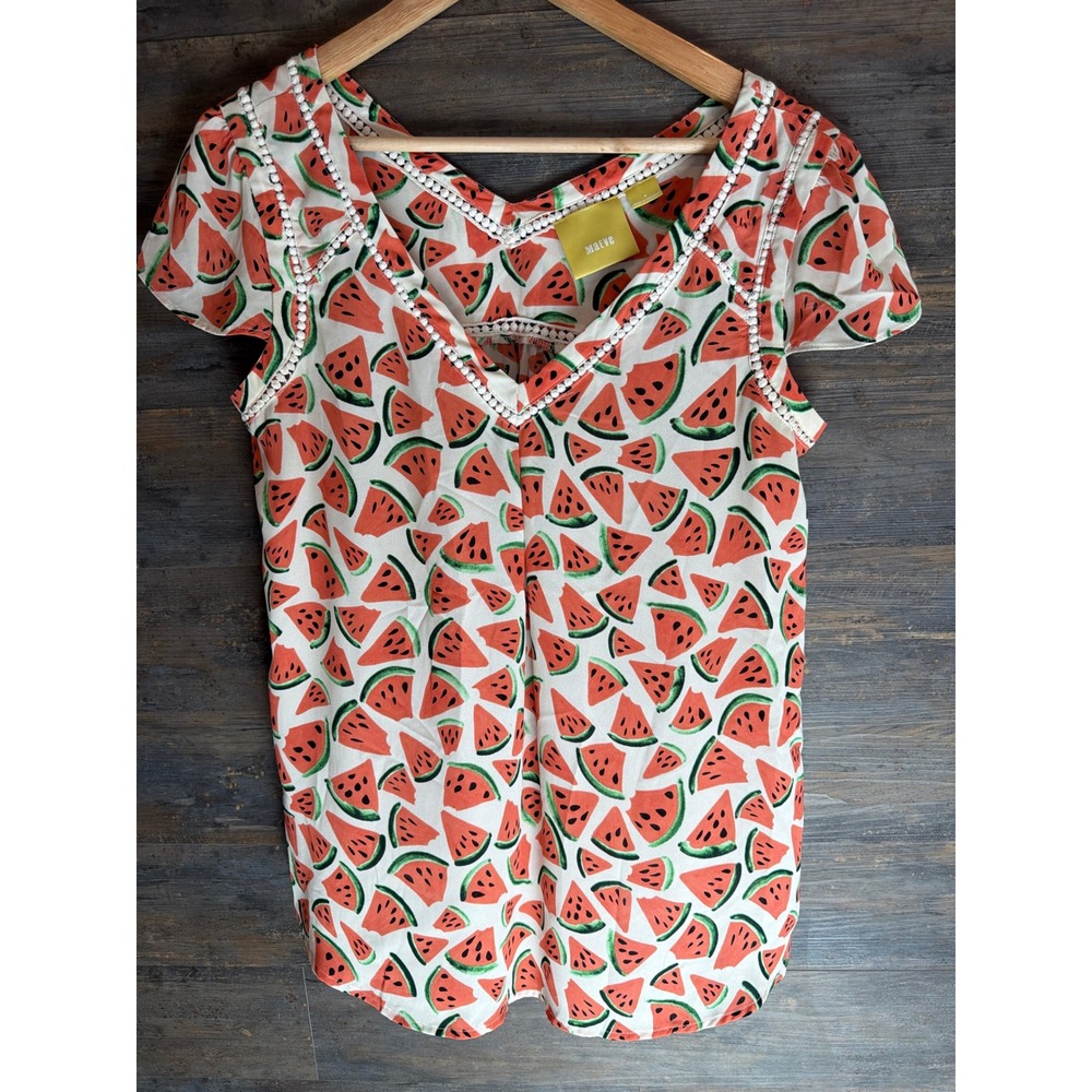 Maeve Anthropologie Watermelon Print Pom Pom Trim V-Neck Blouse Top Size L